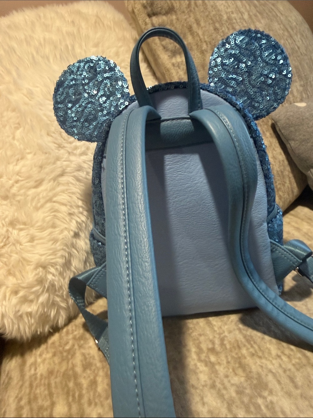 Loungefly Kids Sparkling Blue Sequin Mini Backpack with Ears and Bow - Picture 2 of 3